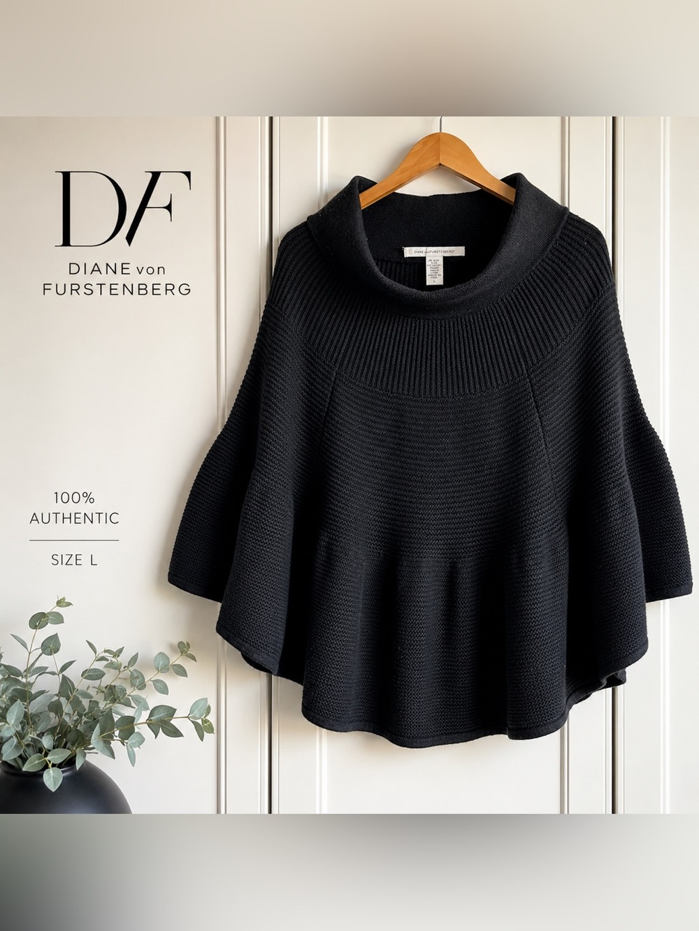 Diane von Furstenberg Black Wool Knit Poncho Sweater Cape Large Luxury Designer